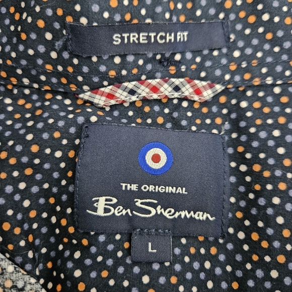 Ben Sherman Stretch Slim Fit Shirt Navy Polka Dot Short Sleeve Button Collared - Picture 6 of 8